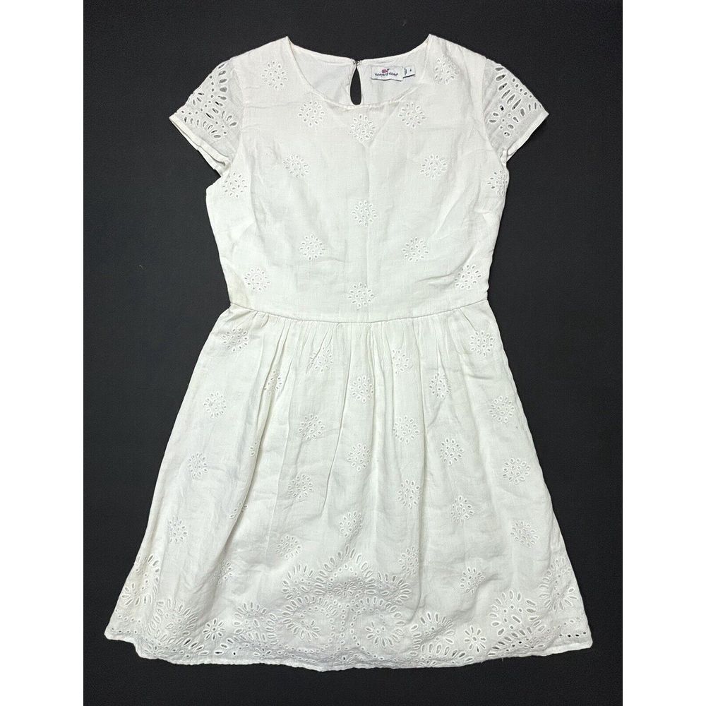 Vineyard Vines Linen Eyelet Sundress Dress Womens 4 Cap Sleeve Keyhole EUC $178